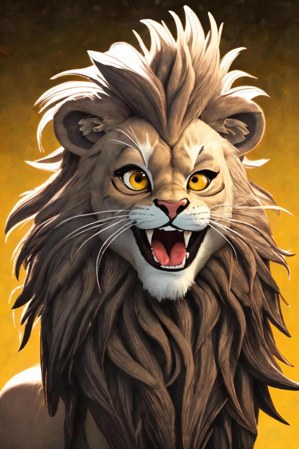 close-up photo portrait of a great lion, yellow eyes, very long lion's mane, roaring, open mouth, fangs, animal, no humans, simple background