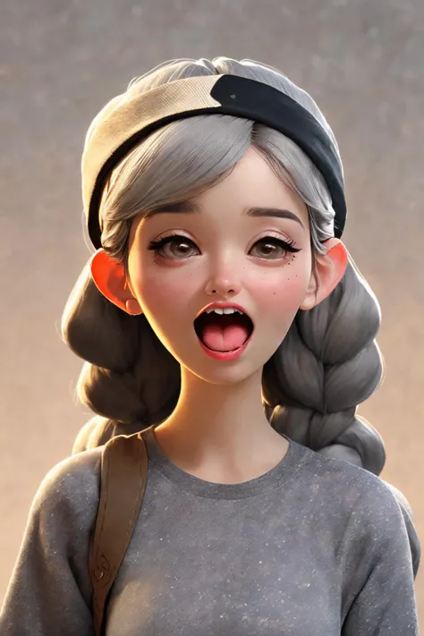 close-up photo portrait of a 90 yo old native american woman, grey hair, brown eyes, screaming face expression, headband, twin braids, simple background