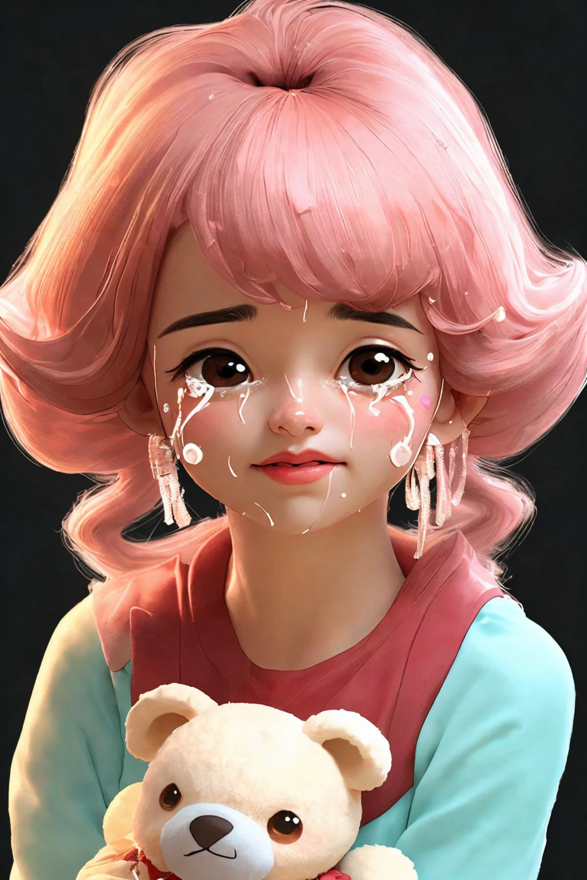 close-up photo portrait of a teenage asian girl, black ponytail, brown eyes, crying face expression, holding teddy bear, simple background