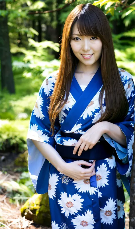 (cowboy shot and medium full shot),sfw,a photo of a japanese woman named hatanoyui, from front,photorealistic, realistic, skin texture, skin pores,brown hair, day, depth of field,bokeh,forest, grass, wearing floral print kimono, long hair, looking at viewer, nature, obi, outdoors, path, solo, tree,(looking at viewer),smiling naturally,Detailed eyes, detailed lips, detailed facial features,<lyco:hatanoyui-amateurV1:0.75>,(Hands hanging naturally:1.2),photorealistic light,natural light