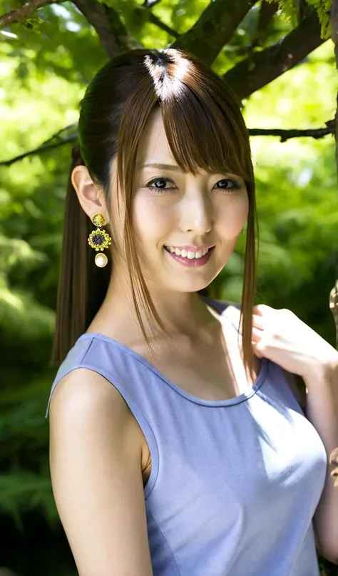 a photo of a japanese woman named hatanoyui, photorealistic, realistic, skin texture, skin pores,(upper body and medium close shot), brown hair, wearing,dress, earrings, jewelry, solo,(looking at viewer),smiling naturally,Detailed eyes, detailed lips, detailed facial features,sleeveless,<lyco:hatanoyui-amateurV1:0.85>,(forest background),natural light, realistic light,street background,detailed hands and Detailed 5 fingers,dappled sunlight, day, outdoors