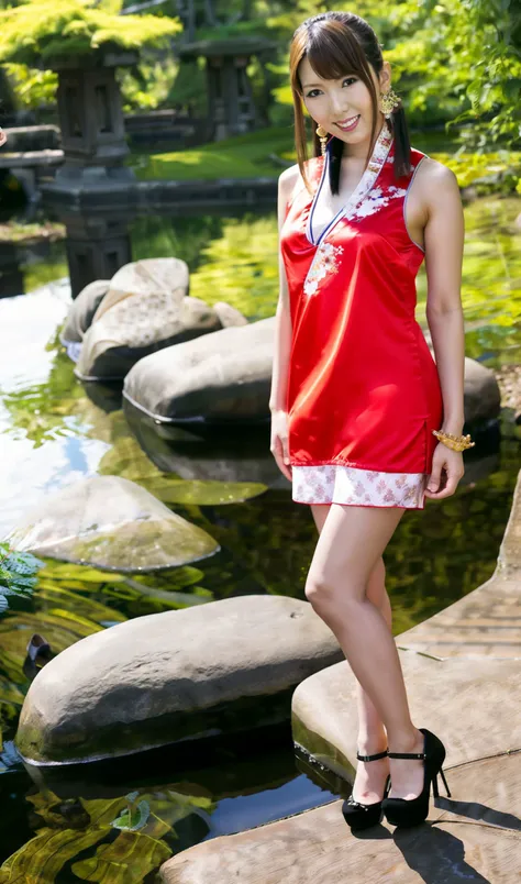 a photo of a japanese woman named hatanoyui, photorealistic, realistic, skin texture, skin pores,(full body), brown hair, wearing china dress, earrings, jewelry, solo,(looking at viewer), bare shoulders,standing,wearing high heels,smiling naturally,Detailed eyes, detailed lips, detailed facial features,sleeveless, black thighhighs,bracelet, Posing for the camera,<lyco:hatanoyui-amateurV1:0.85>,(forest background),natural light, realistic light,Pond, water reflecting sunlight,detailed hands and Detailed 5 fingers