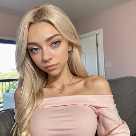 pov_interaction, S335_PetraKero, pink_off-shoulder_shirt, (high_detail intricate lifelike), eyes blonde, livingroom