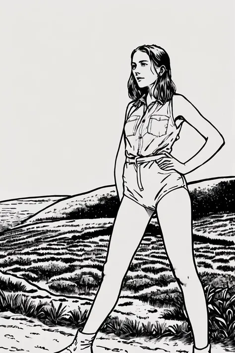 Garota com cabelo rabo de cavalo, sensual, shorts,Black and White drawing, Milo Manara style