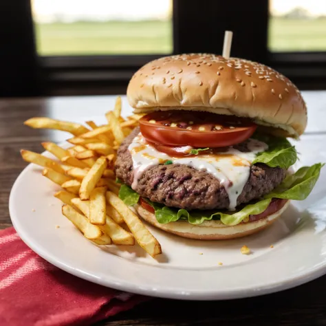 ((Professional photograph of a burger next to a basket of fries, 1lettuce, 1tomato, 1cheese, 1patty, 2buns)) <lora:RealisticPhotography:1>, (good composition), (in frame), centered, 8k, 4k, detailed, attractive, beautiful, impressive, photorealistic, realistic, cinematic composition, volumetric lighting, high-resolution, vivid, detailed, stunning, professional, lifelike, crisp, flawless, DSLR, 4k, 8k, 16k, 1024, 2048, 4096, detailed, sharp, best quality, high quality, highres, absurdres