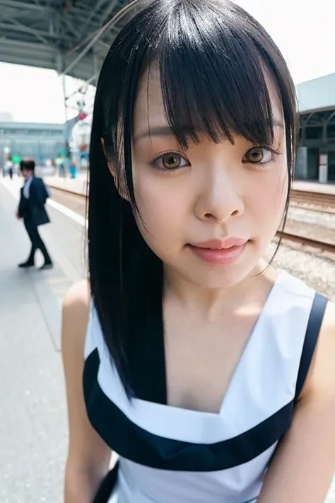 best quality and best aesthetic,photo of a japanese woman named yazawamimi <lyco:loli_yazawamimi_proV1:0.85> ,Look at the camera and smile naturally,wearing a dress,blunt bangs,(makeup,eyeshadow),eyelash,(photorealistic,realistic,skin texture,skin pores,high skin  detail),upper body,detailed face, detailed facial features,detailed eyes,face,looking at viewer,Outdoor,train station background, Fujifilm XT3,film still,film grain,cinematic <lyco:film grainV2:0.4>