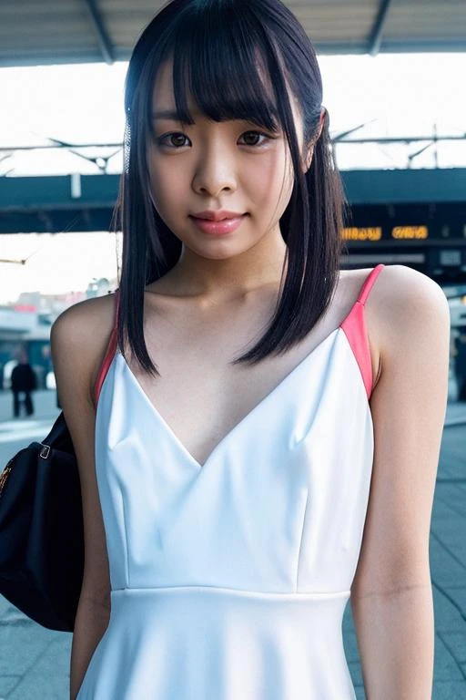 best quality and best aesthetic,photo of a petite japanese woman named yazawamimi <lyco:loli_yazawamimi_proV1:0.85> ,Look at the camera and (smile naturally),wearing a dress,blunt bangs,(makeup,eyeshadow),eyelash,(photorealistic,realistic,skin texture,skin pores,high skin  detail),upper body,detailed face, detailed facial features,detailed eyes,face,looking at viewer,Outdoor,train station background, Fujifilm XT3,film still,film grain,cinematic <lyco:film grainV2:0.4>