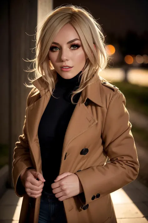 Jess Nigri, wearing long brown coat, turtleneck, (atmospheric lighting),shot on Arricam LT Camera,