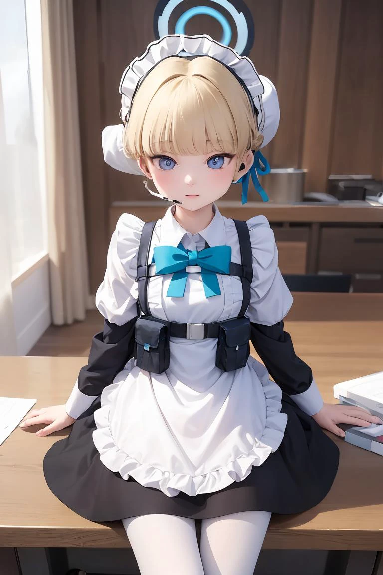 (masterpiece, best quality), 1girl, <lora:toki_asuma_v1:1> toki asuma, halo , short hair, hair bun, maid headdress, earpiece, black dress, puffy long sleeves, maid apron, blue bow, harness, pouch, white pantyhose