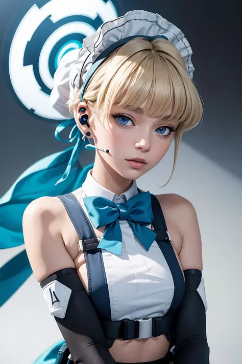 (masterpiece, best quality), 1girl, <lora:toki_asuma_v1:1> toki asuma, halo , short hair, hair bun, maid headdress, earpiece, maid apron, blue bow, harness, pouch, elbow gloves, fingerless gloves, white pantyhose