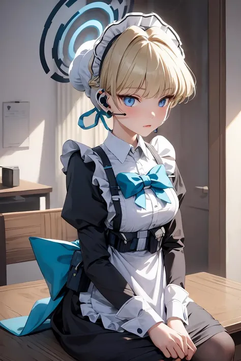 (masterpiece, best quality), 1girl,   <lora:toki_asuma_v1:1> toki asuma, halo , short hair, hair bun, maid headdress, earpiece, black dress, puffy long sleeves, maid apron, blue bow, harness, pouch, white pantyhose