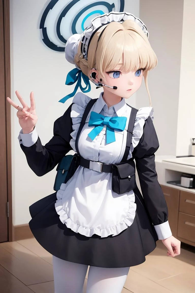 (masterpiece, best quality), 1girl, <lora:toki_asuma_v1:1> toki asuma, halo , short hair, hair bun, maid headdress, earpiece, black dress, puffy long sleeves, maid apron, blue bow, harness, pouch, white pantyhose