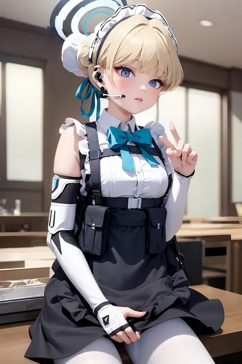 (masterpiece, best quality), 1girl, <lora:toki_asuma_v1:1> toki asuma, halo , short hair, hair bun, maid headdress, earpiece, maid apron, blue bow, harness, pouch, elbow gloves, fingerless gloves, white pantyhose