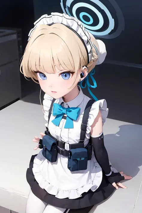 (masterpiece, best quality), 1girl, <lora:toki_asuma_v1:1> toki asuma, halo , short hair, hair bun, maid headdress, earpiece, maid apron, blue bow, harness, pouch, elbow gloves, fingerless gloves, white pantyhose