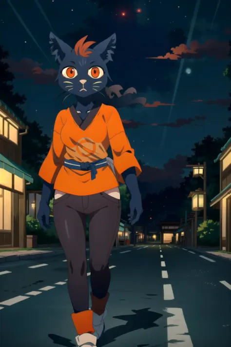 mae borowski, orange shirt, short_sleeves, female, medium breasts, walking, in a city, detailed background, nighttime, city lights, in a Japanese market