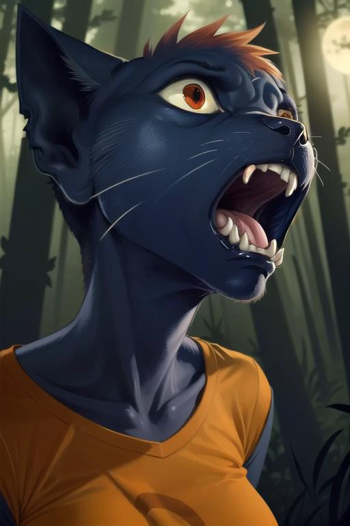 mae borowski, orange shirt, short_sleeves, female, medium breasts, scared, looking up, fear, mouth open, highly detailed background, in a forest, nighttime, moonlight, edge light, backlight, fangs
