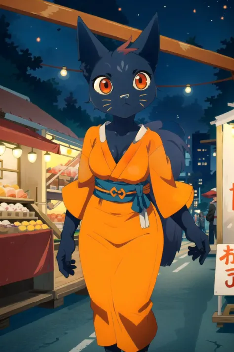 mae borowski, orange shirt, short_sleeves, female, medium breasts, walking, in a city, detailed background, nighttime, city lights, in a Japanese market