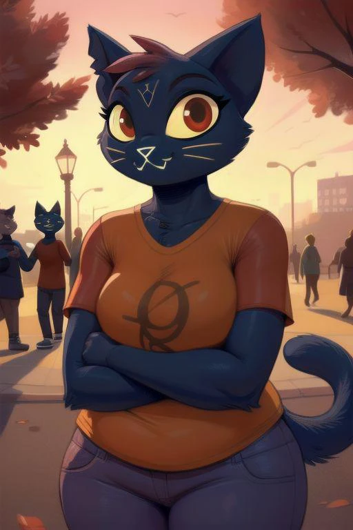 (By sunibee), uploaded on e621, anthro, mae borowski, long tail, orange shirt, bedroom eyes, big eyes, flirting, cocky smile, bedroom eyes, narrowed eyes, (dominant:1.2), detailed eyes, detailed face, public park, motion lines, crowded, in public, looking at viewer, larger female, chubby, leaning
flat color, fca style, toon \(style\), 2d,score_9, score_8_up, score_7_up, score_6_up