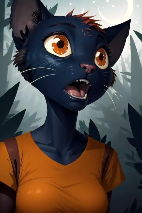 mae borowski, orange shirt, short_sleeves, female, medium breasts, scared, looking up, fear, mouth open, highly detailed background, in a forest, nighttime, moonlight, edge light, backlight, fangs