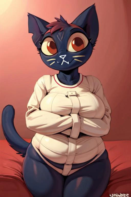 (By sunibee), uploaded on e621, anthro, mae borowski, long tail, Posey Straitjacket, One CrotchStrap, bedroom eyes, big eyes, flirting, cocky smile, bedroom eyes, narrowed eyes, (dominant:1.2), detailed eyes, detailed face,padded cell,  looking at viewer, larger female, chubby, leaning, seductive, big breasts, no pants, 
flat color, fca style, toon \(style\), 2d,score_9, score_8_up, score_7_up, score_6_up