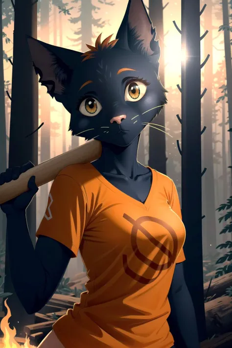 mae borowski, orange shirt, short_sleeves, female, medium breasts, flirty pose, looking at viewer, holding a baseball_bat, highly detailed background, in a forest, nighttime, campfire, edge light, backlight