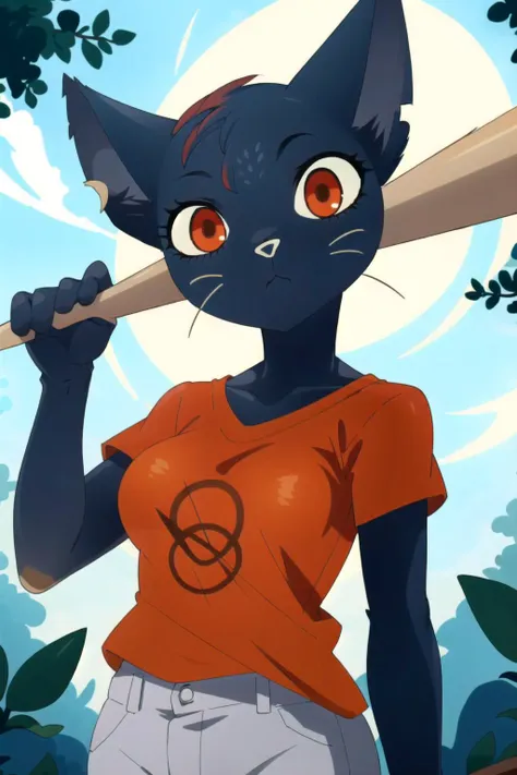 mae borowski, orange shirt, short_sleeves, solo, female, medium breasts, flirty pose, looking at viewer, holding a baseball_bat, highly detailed background, in a forest, off sholder, nighttime, full moon, harsh lighting, two tone shadows, edge light, backlight