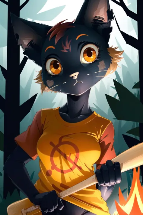 mae borowski, orange shirt, short_sleeves, female, medium breasts, flirty pose, looking at viewer, holding a baseball_bat, highly detailed background, in a forest, nighttime, campfire, edge light, backlight