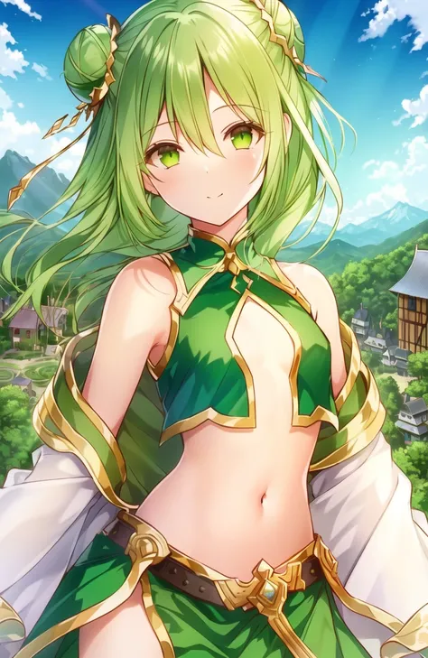 ((WeriArt style)), 1girl on balcony, ((green hair)), ((hair bun)), (((eyecolour))), (((navel_cutout))), ((open shirt)), frilled_dress, collar bone, (fantasy armor), slight smile, vines, fantasy, d & d, intricate, detailed, concept art, trending on artstation, smooth, sharp focus, blush, ((pond)), forest, (((village in background))), jungle, (temple), smile, hires, sharp lines, sharp focus, sharp image, 8k highly detailed, breasts, sky, clouds, vibrant colors, saturated colors, bright colors, light rays, sunlight, 8k realistic lighting, small breasts, armpits, gold belt, ((mountainous horizon)), gold trim, miniskirt, full body