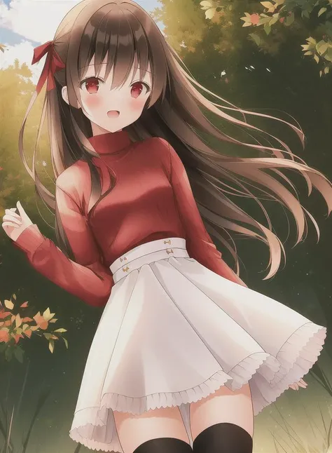 ((sunlight)), ((WeriArt style)), high-waist skirt, blush, (ginger hair), 1girl, (ribbed sweater, red sweater), (white skirt), solo, (((black thighhighs))), frilled skirt, vibrant colors, saturated colors, bright colors, light rays, 8k realistic lighting, black pantyhose, long sleeves, bangs, looking at viewer, skirt, bow, (black legwear), red eyes, breasts, red bow, standing, sun rays, small breasts, [cowboy shot], outdoors, sky, cloudy sky,  brown hair