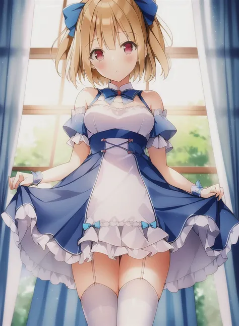 ((WeriArt style)), (blue outfit), blonde hair, short hair, (red eyes), bow, slight smile solo 1girl, (thighhighs), vibrant colors, saturated colors, bright colors, light rays, 8k realistic lighting, breasts, standing, [cowboy shot], indoors, holding dress