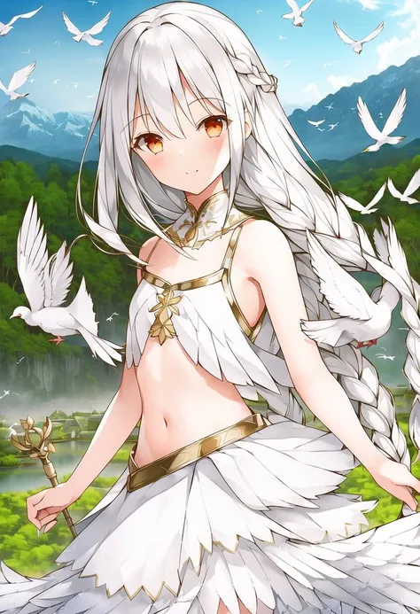 1girl, ((WeriArt style)), white feathers, (navel_cutout), frilled_dress, collar bone, wings, monk staff on back, feathered armor, slight smile, vines, fantasy, d & d, intricate, detailed, concept art, trending on artstation, smooth, sharp focus, blush, ((pond)), forest, (((village in background))), (braided hair), jungle, (temple), smile, hires, sharp lines, sharp focus, sharp image, 8k highly detailed, feathered hair, (((white birds, white dove))), breasts, sky, clouds, vibrant colors, saturated colors, bright colors, light rays, sunlight, 8k realistic lighting, small breasts, armpits, gold belt, ((mountainous horizon)), gold trim