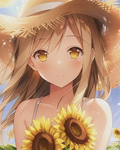 (WeriArt style), blush, 1girl, vibrant colors, raytraced, light rays, 8k realistic lighting, upper body, (yellow eyes), smile, light bloom, light reflections, sun rays, light particles, straw hat, sunflower