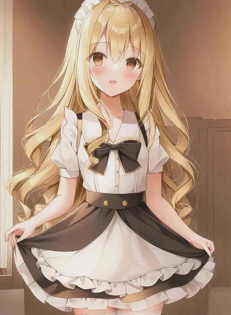 ((WeriArt style)), high-waist skirt, blush, ((golden hair, blonde hair)), (((maid outfit))), (black and white frilled dress), solo 1girl, ((thighhighs)), headwear, headband, frilled skirt, vibrant colors, saturated colors, bright colors, light rays, 8k realistic lighting, skirt, white bow, breasts, red bow, standing, small breasts, [cowboy shot], indoors