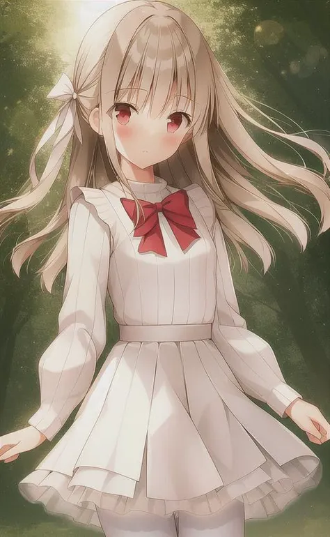 ((WeriArt style)), high-waist skirt, blush, 1girl, ribbed sweater, vibrant colors, white skirt, frilled skirt, raytraced, light rays, 8k realistic lighting, pantyhose, sweater, long sleeves, bangs, looking at viewer, skirt, bow, black legwear, red eyes, breasts, red bow, hairband, sleeves past wrists, standing, closed mouth, light bloom, lens flare, light reflections, sun rays, light particles, small breasts, [cowboy shot], simple background