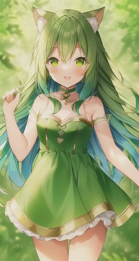 ((WeriArt Style)), full body, ((((gradient hair)))), (((virtual youtuber))), (green hair), small breasts, blue hair, (gold trim), collarbone, bare shoulders, standing, saturated colors, happy smile, animal ears, cat girl, frilled outfit, dark red face, blush, cleavage, bare thighs, flat chest