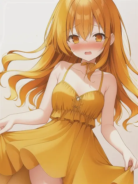 (embarrassed), yellow, orange hair, WeriArt Style, 1girl, blush, upper body, small breasts, highly detailed eyes, hires, collarbone, frilled dress, open mouth, flat chest, cleavage