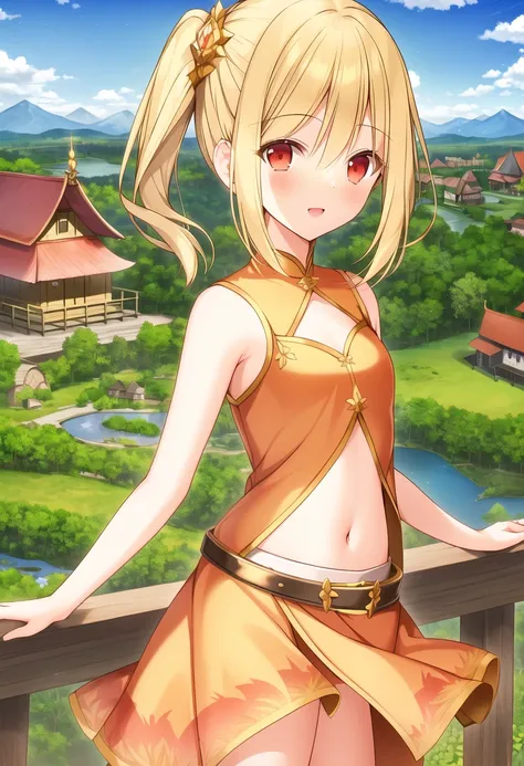 ((WeriArt style)), 1girl, ((blonde hair)), ((high twintails)), short hair, orange and red eyes, (((navel_cutout))), (open dress), frilled_dress, collar bone, monk staff on back, fantasy armor, slight smile, vines, fantasy, d & d, intricate, detailed, concept art, trending on artstation, smooth, sharp focus, blush, ((pond)), forest, (((village in background))), jungle, (temple), smile, hires, sharp lines, sharp focus, sharp image, 8k highly detailed, breasts, sky, clouds, vibrant colors, saturated colors, bright colors, light rays, sunlight, 8k realistic lighting, small breasts, armpits, gold belt, ((mountainous horizon)), gold trim, miniskirt, medium breasts