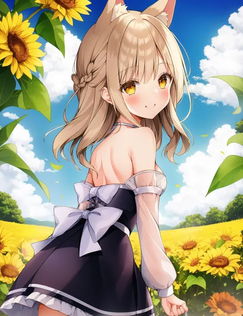 WeriArt Style, best quality, masterpiece, 1girl, full body, from side, ass, leaning forward, arched back, (strapless), (high-waist skirt), blonde hair, from behind, looking at viewer, yellow eyes, collarbone, cat ears, [braided bang], blush, smile, maid headdress, animal ear fluff, small breasts, cat girl, collarbone, WeriArt style, suspender skirt, cleavage, armpits, detached sleeves, (long hair), animal ears, smile, happy, excited face, sky, clouds, summer, vibrant colours, saturated colours, sun, ribbon, bow, fox ears
