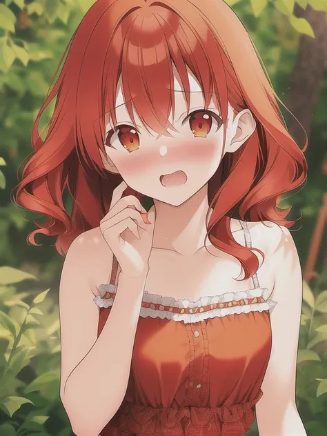 (embarrassed), red hair, orange hair, WeriArt Style, 1girl, blush, upper body, highly detailed eyes, hires, collarbone, frilled dress, open mouth