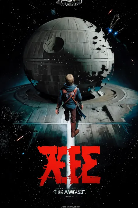 masterpiece, best quality, <lora:concept_akiraposter:1> akiraposter, from above, from behind, walking, 1boy, solo, blue light saber, jedi, luke skywalker, deathstar, <lora:DeathStar:1> (star wars:1.3), (space, black background:1.5), galaxy, nebula