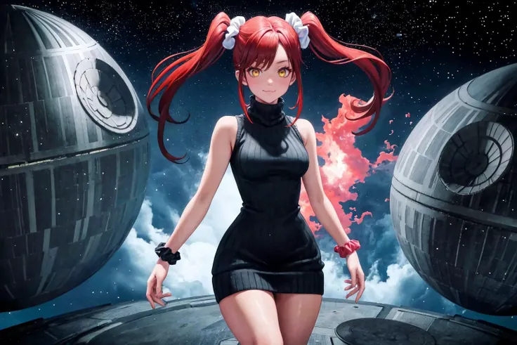 masterpiece, best quality, <lora:DeathStar:1> death star, 1girl, solo, standing, red hair, twin tails, very long hair, hair scrunchie, yellow eyes, sleeveless, sweater dress, ribbed sweater, turtleneck, :3, science fiction