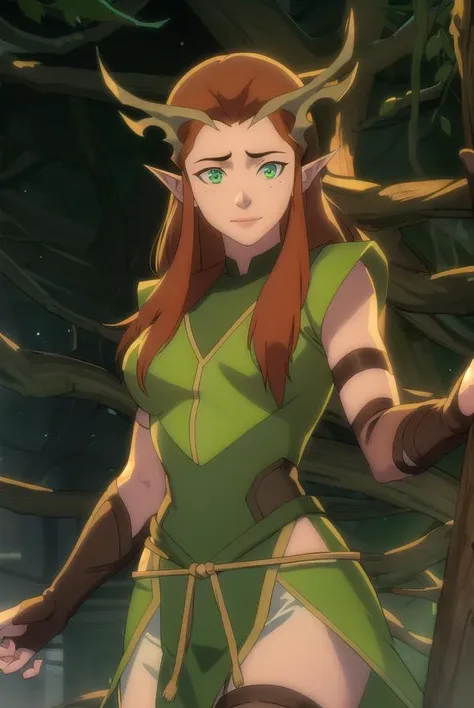 keyleth, <lora:keyleth-lora-nochekaiser:1>,
keyleth, long hair, brown hair, (green eyes:1.3), pointy ears, elf, antlers, freckles, smile,
BREAK thighhighs, gloves, boots, fingerless gloves, thigh boots, brown footwear, green dress,
BREAK outdoors, forest, nature,
BREAK looking at viewer, (cowboy shot:1.5),
BREAK <lyco:GoodHands-beta2:1>, (masterpiece:1.2), best quality, high resolution, unity 8k wallpaper, (illustration:0.8), (beautiful detailed eyes:1.6), extremely detailed face, perfect lighting, extremely detailed CG, (perfect hands, perfect anatomy),