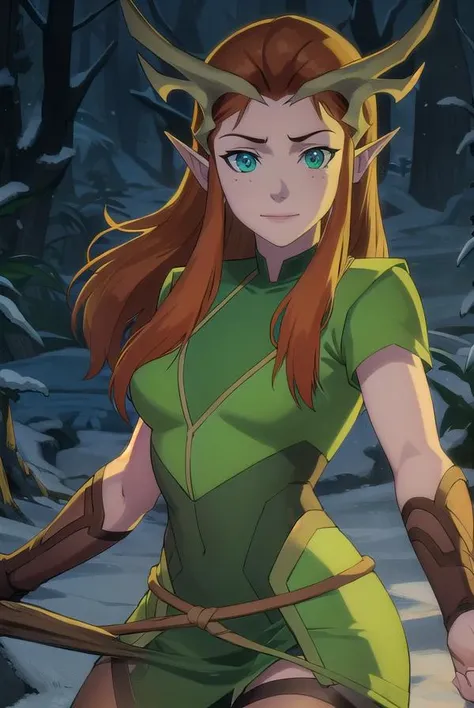 keyleth, <lora:keyleth-lora-nochekaiser:1>,
keyleth, long hair, brown hair, (green eyes:1.3), pointy ears, elf, antlers, freckles, smile,
BREAK thighhighs, gloves, boots, fingerless gloves, thigh boots, brown footwear, green dress,
BREAK outdoors, forest, nature,
BREAK looking at viewer, (cowboy shot:1.5),
BREAK <lyco:GoodHands-beta2:1>, (masterpiece:1.2), best quality, high resolution, unity 8k wallpaper, (illustration:0.8), (beautiful detailed eyes:1.6), extremely detailed face, perfect lighting, extremely detailed CG, (perfect hands, perfect anatomy),