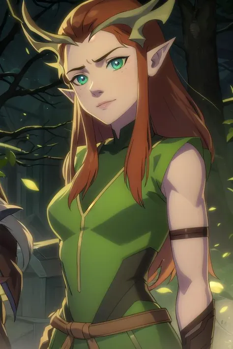 keyleth, <lora:keyleth-lora-nochekaiser:1>,
keyleth, long hair, brown hair, (green eyes:1.3), pointy ears, elf, antlers, smile,
BREAK thighhighs, gloves, boots, fingerless gloves, thigh boots, brown footwear, green dress,
BREAK outdoors, forest, nature,
BREAK looking at viewer, (cowboy shot:1.5),
BREAK <lyco:GoodHands-beta2:1>, (masterpiece:1.2), best quality, high resolution, unity 8k wallpaper, (illustration:0.8), (beautiful detailed eyes:1.6), extremely detailed face, perfect lighting, extremely detailed CG, (perfect hands, perfect anatomy),