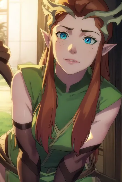 keyleth, <lora:keyleth-lora-nochekaiser:1>,
keyleth, long hair, brown hair, (green eyes:1.3), pointy ears, elf, antlers, freckles, smile,
BREAK thighhighs, gloves, boots, fingerless gloves, thigh boots, brown footwear, green dress,
BREAK outdoors, forest, nature,
BREAK looking at viewer, (cowboy shot:1.5),
BREAK <lyco:GoodHands-beta2:1>, (masterpiece:1.2), best quality, high resolution, unity 8k wallpaper, (illustration:0.8), (beautiful detailed eyes:1.6), extremely detailed face, perfect lighting, extremely detailed CG, (perfect hands, perfect anatomy),