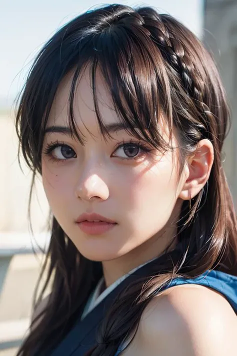 shinobi, 1girl, ((photorealistic, raw photo:1.2), (natural skin texture, realistic eye and face details), hyperrealism), DarkOrchid side braid,