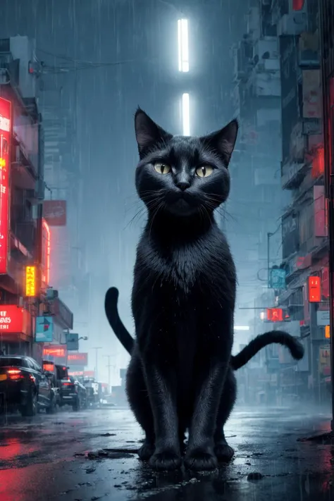 (8k, RAW photo, best quality, masterpiece:1.2),
(hyperrealism, photorealistic detail:1.2),
BREAK
(Black cat:1.25), glow eyes, no human,
BREAK
(Night city, Neon lights:1.35), (Heavy rain.:1.3), neon lighting, (vibrant glow:1.2), emo,
BREAK
(SIGMA 80 mm F/2.4:1.1),(low angle shot:1.1), side view,
BREAK
<lora:flat2:-1> ,
BREAK
<lora:hipoly_3dcg_v7-epoch-000012:0.6>