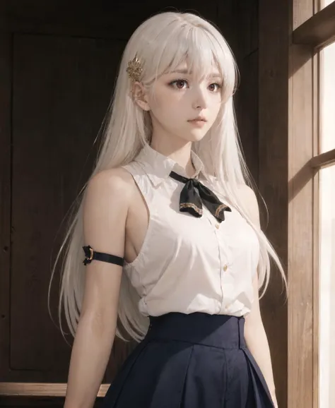 realistic:0.8,photorealistic:1.2,ultra detailed,masterpiece,8k illustration,extremely detailed CG unity 8k wallpaper,best quality,absurdres,official art,detailed skin texture, detailed cloth texture, beautiful detailed face, intricate details, ultra detailed, best lighting, ultra high res, 8k uhd, film grain,dramatic lighting,delicate,BREAK,
1 girl,ninym ralei,(blush:1.2),beautiful detailed face,skinny,beautiful detailed eyes,medium breasts, shirt, ahoge,straight long hair, red eyes, white shirt,sleeveless, bare shoulders, bangs, skirt, sleeveless shirt, white hair, indoors, upper body, collared shirt,high-waist skirt, lips, blue skirt, (gold hair ornament:1.2),black ribbon,big pupil,russian,pointy nose,BREAK,
dynamic angle,uncensored,perfect anatomy:2.0,<lora:Hidari2:0.6>,<lora:animeoutlineV4_16:0.3>,<lora:epi_noiseoffset2:0.7>, <lora:skinny_new_skin:0.2> ,BREAK,
forest,floating hair