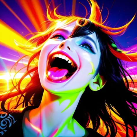 Beautiful woman, fractal hair, colorful ink contour silhouette, maniacally laughing with mouth open wide, (intense stare:1.1), realistic, sun rays, high resolution