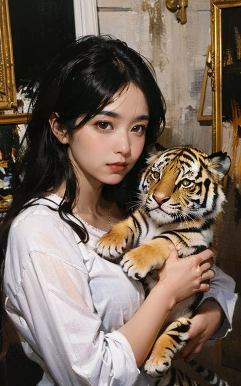 (oil painting:1.2), a woman hold a tiger, white shirt, (Atey Ghailan:0.2), (stanley artgerm lau:0.2), (a detailed painting:1.5), (gothic art:0.15),